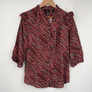 G By Giuliana Womens Blouse Green Polka Dot 3/4 Sleeve V Neck Ruffles‎ XXS New